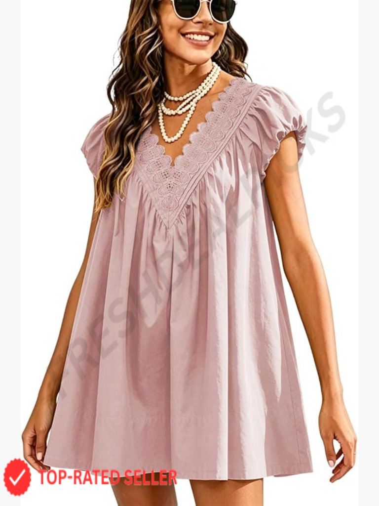 Babydoll Mini Dress V Neck Puff Sleeve A Line Boho Scalloped Loose Beach